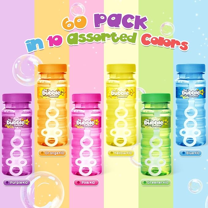 Shemira 60 Pcs Bubble Bottles with Wand, Bubble Party Favor Supply for Summer Indoor & Outdoor Activities, 4 OZ Bubble Solution Summer Toy in 6 Colors, Party Favor & Birthday Party Supplies