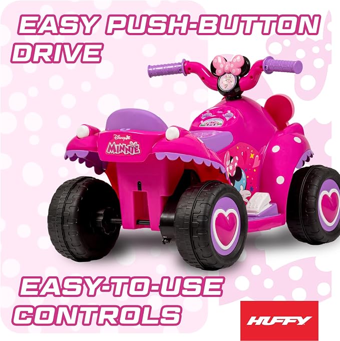 Huffy Disney Minnie Mouse 6V Quad Ride-On, Ages 1.5–3, Easy Push-Button Drive, Stable 4-Wheel Design, Toddler-Friendly Speed