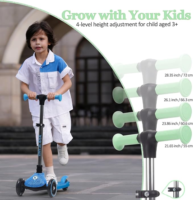 Kicknroll Kids Scooter Light Up 3 Wheel Toddler Kick Scooters with Jelly Glitter Anti-Slip Deck and LED Wheels, 4 Adjustable Heights, Foldable, Lean-to-Steer Design for Girls & Boys 3-12 Max 110 Lbs