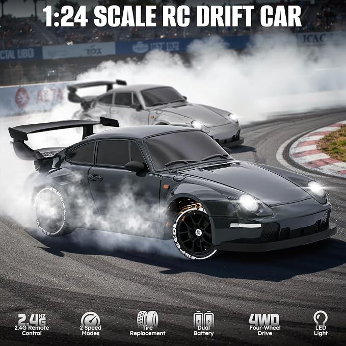 RC Drift Car,1:24 Scale Remote Control Car, 2.4GHz 20KM/H 4WD High Speed RC Cars for Kids with LED Light, Two Batteries,Drifting Tires,Racing Vehicle Toy for Adults Boys Girls Gray
