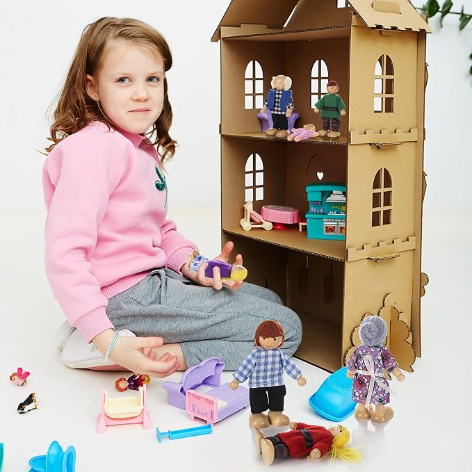 Jzszera Wooden Doll House Family of 8 Little Figures, Cute Dollhouse People for Girls Toddlers