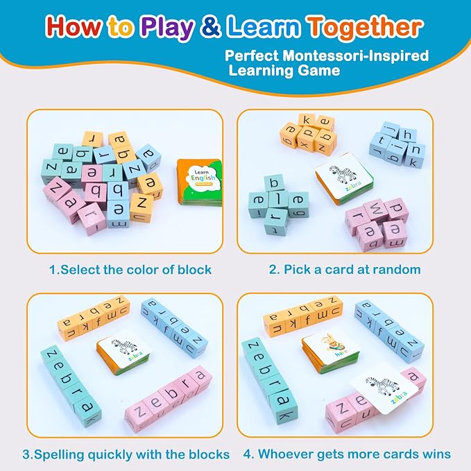 Spelling Games for Kids Ages 3-8, Phonics Matching Game with 54 Flash Cards & 20 Letter Blocks, CVC & Sight Word Building Reading Game, Classroom Must Haves for Preschool & Kindergarten