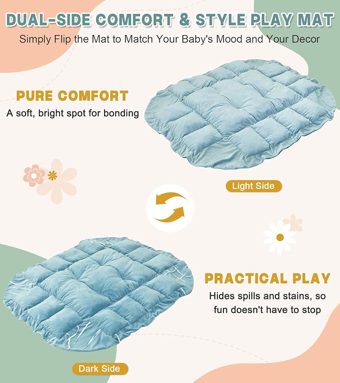 5-in-1 Baby Play Gym and Tummy Time Mat, 12 Learning Cards, Plush Activity Mat with 6 Toys, Baby Gym, Convertible to Ball Pit, Baby Gift, Blue