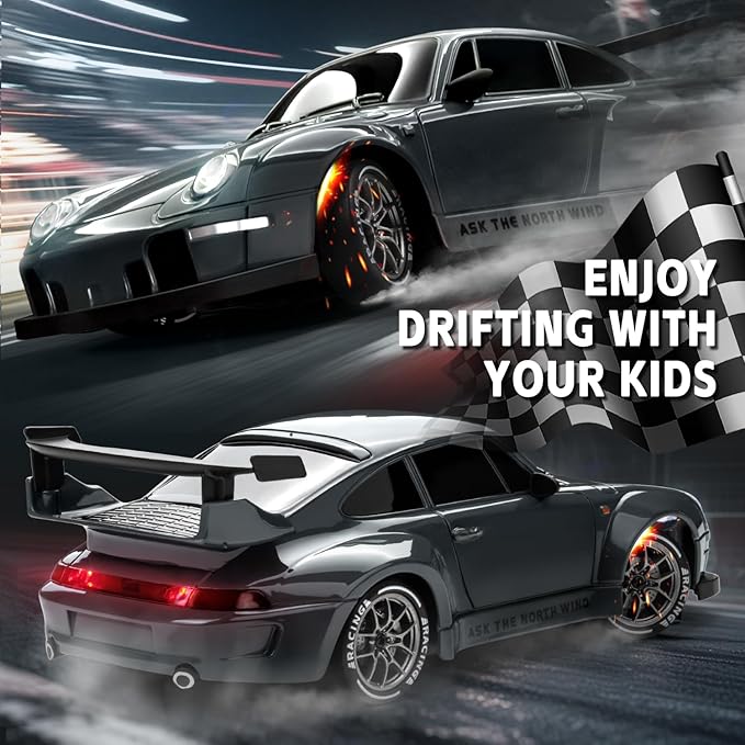 RC Drift Car, 1/24 Widebody Grey Remote Control Drift Car for Adults Kids, 4WD 20KM/H High Speed RC Sports Cars with LED Lights, Extra Racing Tires, Vehicle for Boys Beginners Indoors Outdoors
