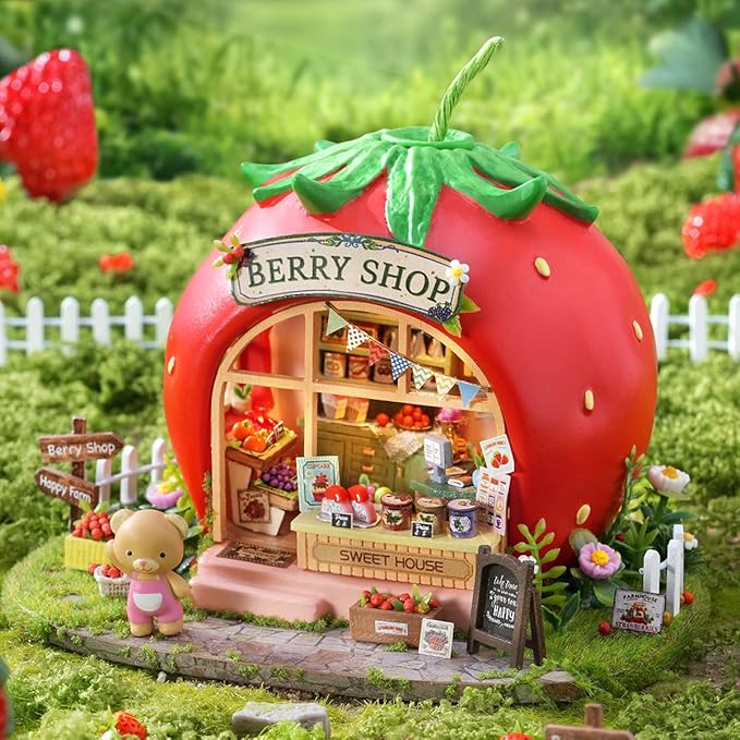DIY Miniature Fruit Scene Dollhouse Kit, 1:72 Scale Handmade Craft Model Bear Berry Shop, Creative 3D Wooden Puzzle Building Set for Adults, Compact Home Decor Gift