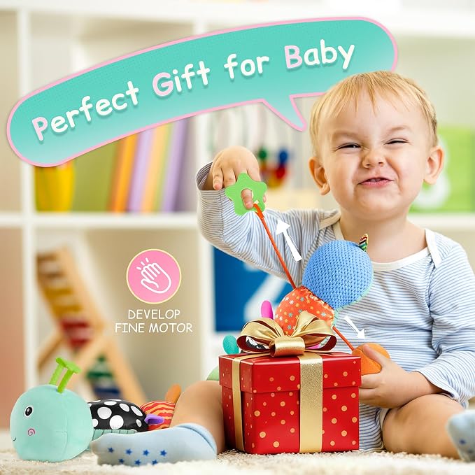 Baby Sensory Musical Caterpillar Plush Toy, Soft Stuffed Animal with Mirror Crinkle Paper Rattle Teether, Tummy Time Play Toy for 0-12 Months Newborn Infant, Baby Shower Gift for Boys Girls, Blue