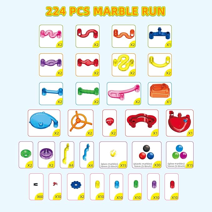 Tucrae 224 PCS Marble Runs Toys with Automatic Elevator Glowing Marble Maze Building Set STEM Puzzle Toys for 3 4 5+ Boys & Girls Children's Day, Christmas Easter Gifts(Containing 60 Marbles)