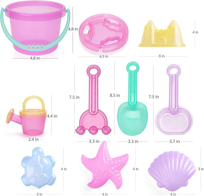 LotFancy 10PCS Sand Toys for Toddlers 1-3 3-5, Pink Beach Toys Set for Girls 18M+, Translucent Sand Castle Molds, Bucket, Sifter, Shovels & Watering Can, Durable Sandbox Toys for Kids