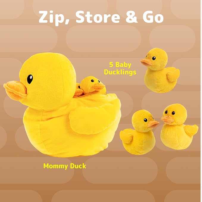 PREXTEX Plush Duck Toys Stuffed Animal with 5 Ducks Baby Stuffed Animals - Big Duck Zippers 5 Little Plush Baby Ducklings - Toys for Kids 3-5 - Duckling Toy - Gift for Ducks Lovers