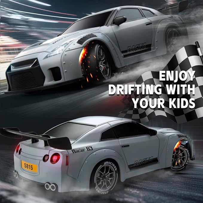 RC Drift Car, 1/24 Remote Control Drift Car for Adults Kids, 4WD 20KM/H High Speed Widebody Design Grey RC Sports Cars with LED Lights, Extra Tires, Vehicle for Boys Beginner Indoors Outdoors