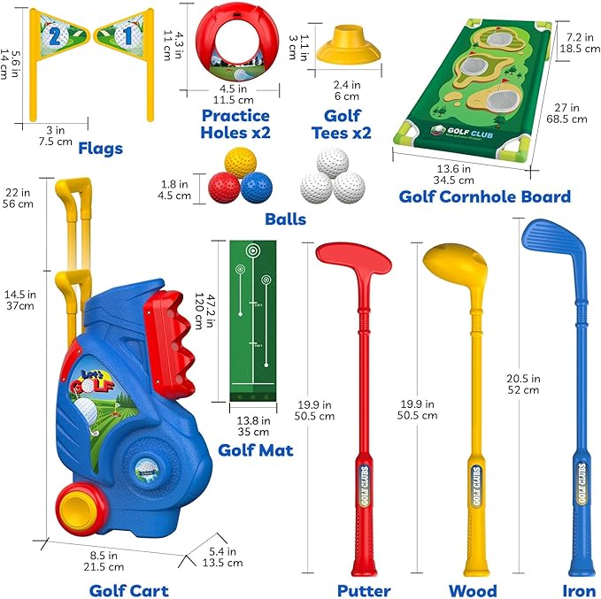 Liberry Toddler Golf Set for 2 3 4 5 Years Old Boys Girls, Upgraded Kids Golf Cart with Golf Cornhole Board & Putting Mat, Indoor and Outdoor Golf Toys Birthday Gifts