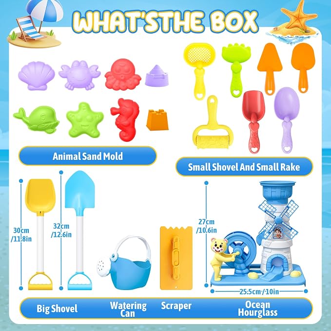 deAO Beach Toys for Kids 21 Pcs Sand Toys Set Includes Wagon Water Wheel Beach Tool Kit Watering Can Molds Summer Gifts for Toddlers Ages 3-8
