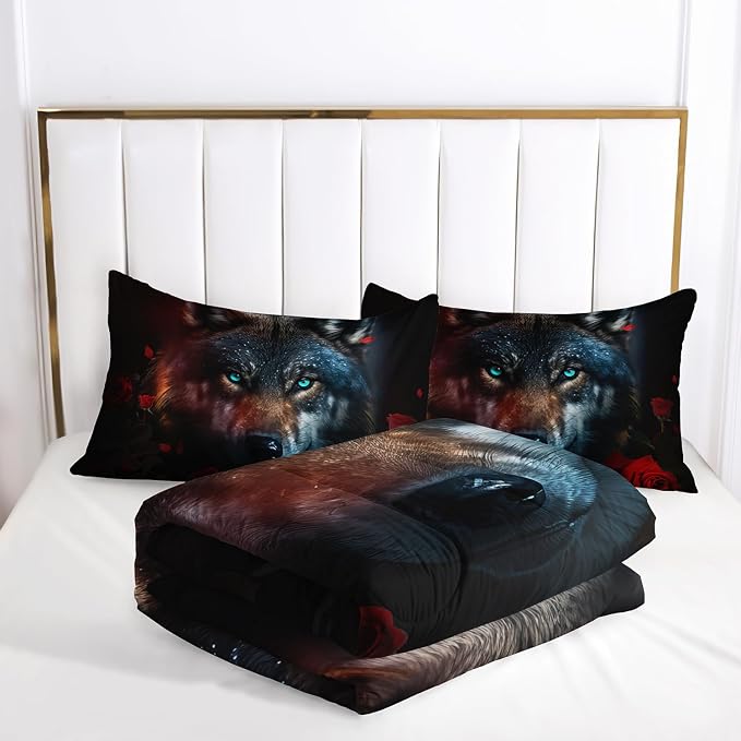 AILONEN Wolf Comforter Set - Queen Size, Red Rose & Brown Animal Duvet Set for Boys & Girls - 3 Pieces: 1 Quilt, 2 Pillowcases