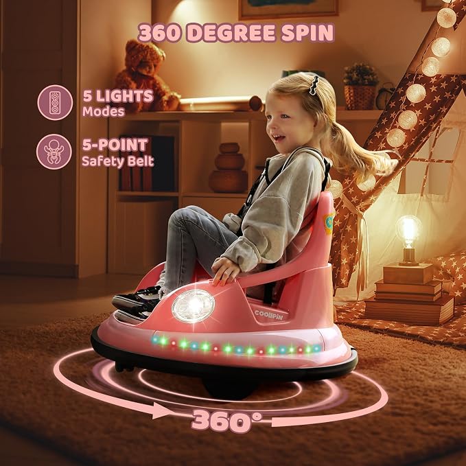 ELEMARA Bumper Car for Kids,1.9mph Max,12V Toddler Ride on Toys with Remote Control,2-Speed,2 Playing Modes,360 Degree Spin,Bumping Toy Gifts W/Bluetooth,5 LED Lights Modes,DIY Stickers,Pink