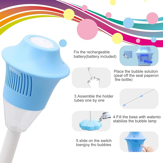 Blue Adjustable Bubble Machine Stand Rechargeable Lights Music Outdoor Lamp | 21-47in Vertical Bubble Torch Wedding Birthday Christmas Garden Decor