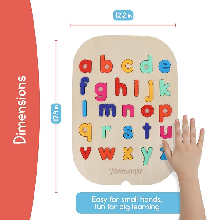 7 Days of Play Lowercase Alphabet Puzzle for Kids, Sensory Bin Insert for Sensory Tables, Silicone Letters, Wooden Fine Motor Learning Toy