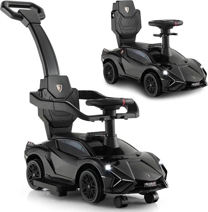 INFANS 3 in 1 Ride on Push Car, Licensed Lamborghini Baby Stroller Sliding Walking Car with Push Handle, Music, USB, Headlight, Under Seat Storage, Kids Foot-to-Floor Toy for 18-60 Months (Black)