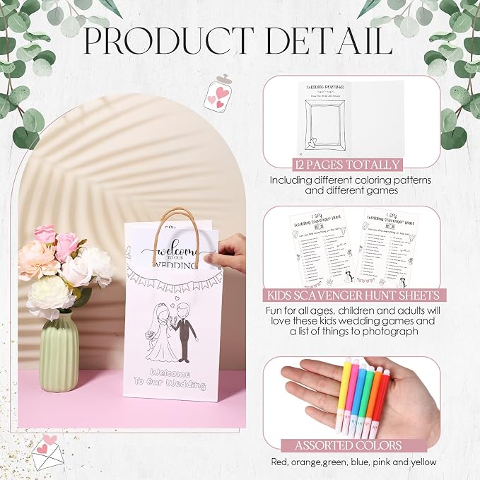 Gueevin 48 Pcs Wedding Activities for Kids Coloring Books Individually Packaged Wedding Coloring Books Gift Goodie Bags and Scavenger Hunt Sheets for Kids Games Favors (Watercolor Pens)