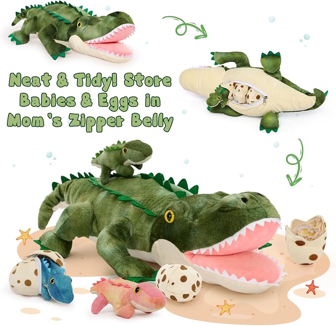 7Pcs Sound Alligator Plush Toy, 23.6" Talking Mother Crocodile Stuffed Animal with 3 Baby Alligators & 3 Eggs, Stuffed Educational Zoo Animals for Kids, Safari Plushies Gift for Christmas