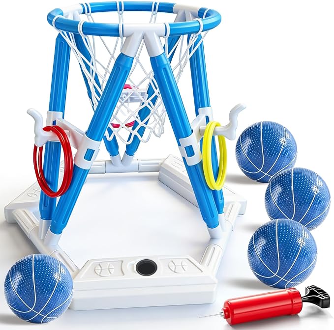 2-in-1 Pool Basketball Hoop & Ring Games, Summer Water Outdoor Party Pool Toys for Kids Ages 4-8, 8-12, Summer Outdoor Water Toys Pool Games for Adults and Family Birthday Pool Basketball Games Toys