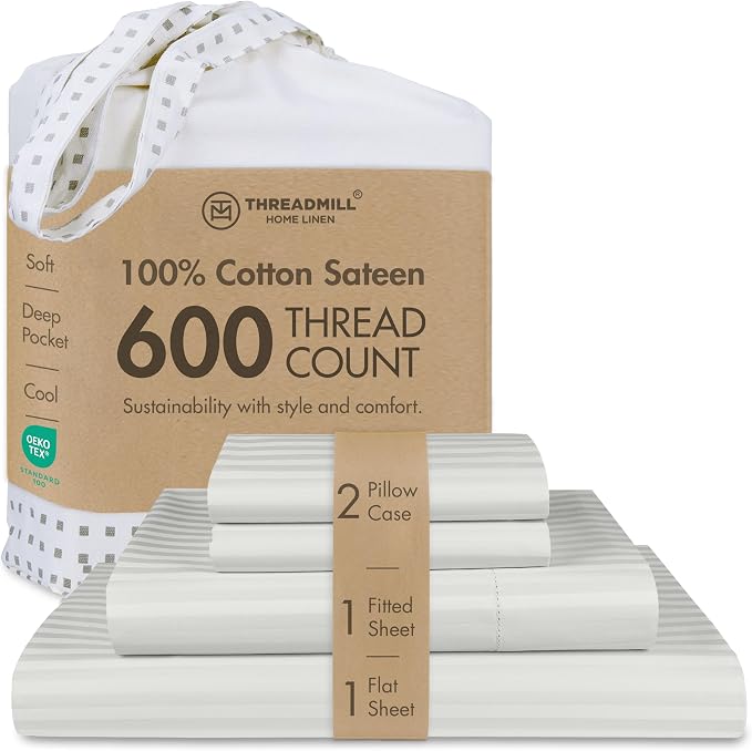 Threadmill 100% Cotton Sheets for Cal King Size Bed - 600 Thread Count Cal King Bed Sheets Set with 16” Deep Pocket - Damask Stripe Sateen Weave 4-Piece Bedding Set with Cooling Effect, Light Grey