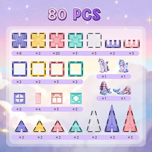 Magnetic Tiles, 80PCS Interlocking Building Blocks, Unicorn & Mermaid Princess Castle Construction STEM Learning Early Education for Kids Girls Boys,Toddler Toy Set Age 3-8