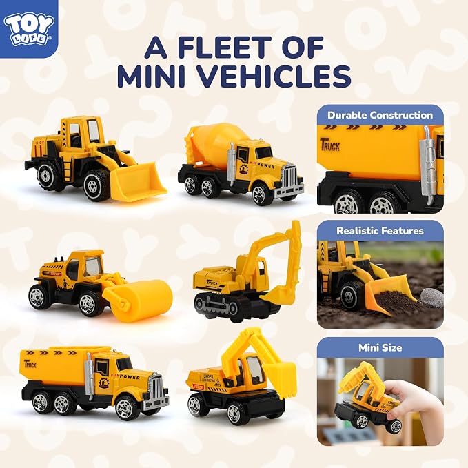 TOY Life 35 PCS Construction Toys, 12 Mini Construction Vehicles with Accessories, Excavator Bulldozer Dump Truck Playset, Sandbox Toys and Cake Toppers for Kids Ages 3-8