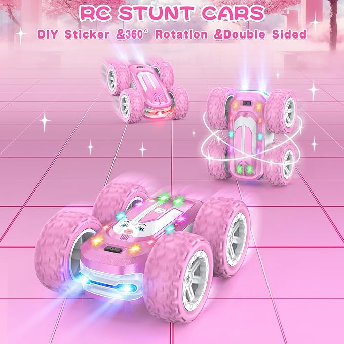 Pink Remote Control Car for Girls, RC Cars for Kids with DIY Sticker & Colored Lights, 2.4Ghz Double Sided 360° Flips 4WD Stunt Car, Rechargeable Toy Cars for Girl Ages 4-6 5-7 6-8 8-12 Birthday Gift
