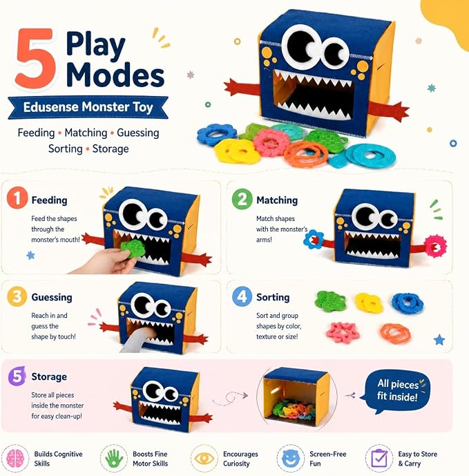 edusense Monster Feed Me Sensory Shape Sorter — 20 Washable Silicone Shapes | Fine Motor Feeding Toy for Toddlers 3+ | Occupational Therapist Designed Sensory Play for Home & Classroom