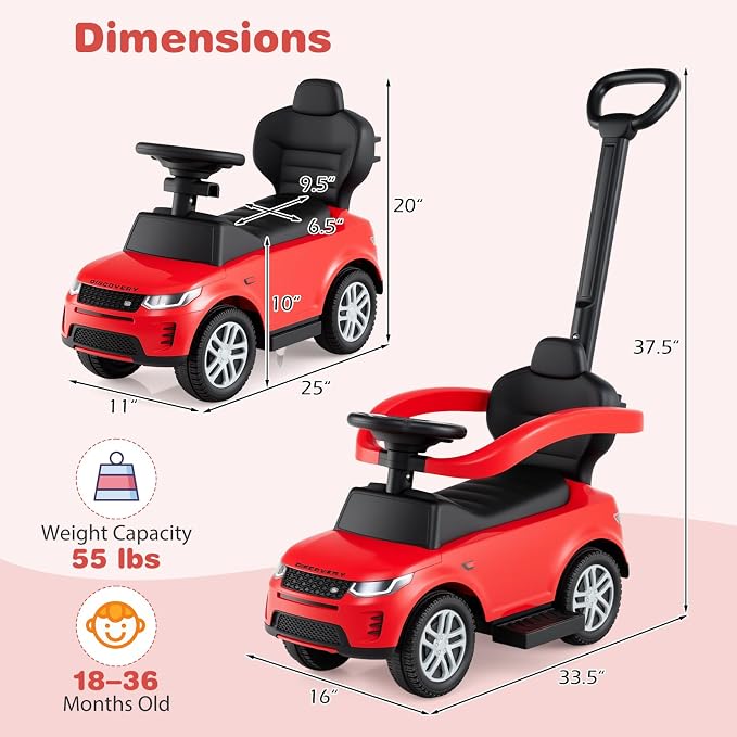 OLAKIDS Push Car for Toddlers, 3 in 1 Licensed Landrover Baby Ride on Toy with Parent Control Handle Safe Guardrails, Kids Sliding Walker with Under Seat Storage Horn for Boys Girls (Ruby)