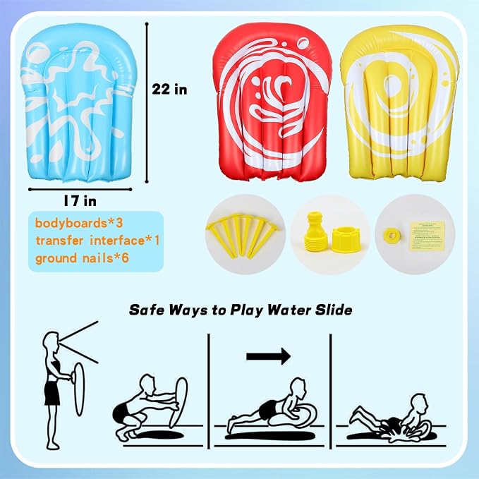MorTime 22.5ft Slip Water Slide with Sprinklers, Slip and Slide with 3 Inflatable Bodyboards and Splash Pool Waterslide Backyard Lawn Outdoor Water Toy