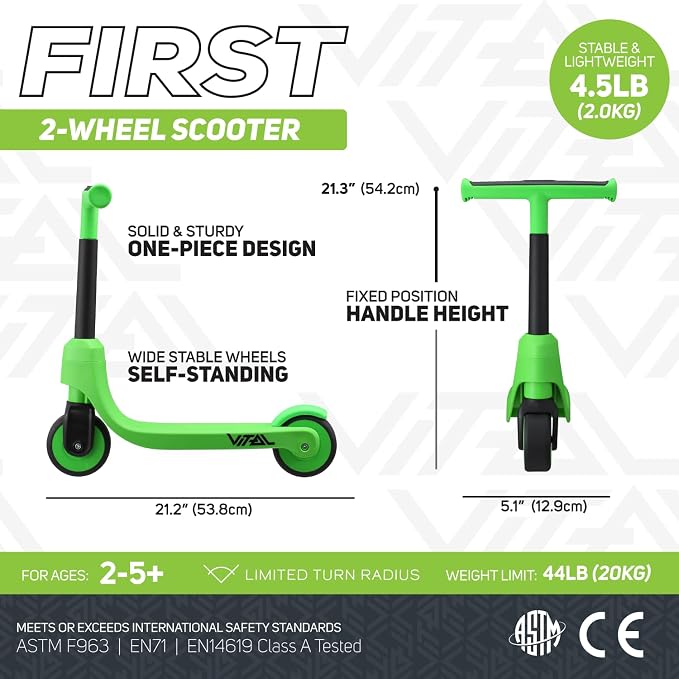 Vital First 2 Wheel Toddler Scooter | Beginner Balance Training Kids Toys for Ages 2-5 | Durable Lightweight Design & Fixed Height Kids Scooter | Wide Wheels and Foot Brake
