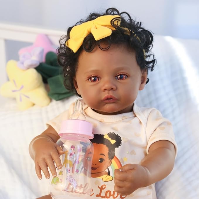 WOOROY Realistic Reborn Baby Dolls Black - 18 Inch Real Life Baby Doll African American with Rooted Curly Hair, Lifelike Awake Newborn Soft Cloth Body Poseable, Complete Gift Set for Kids Age 3+