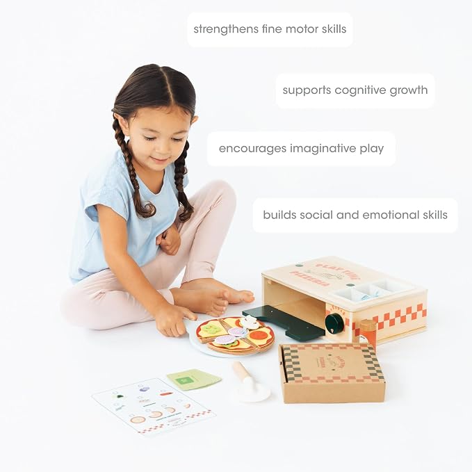 Pearhead Wooden Pizzeria Montessori Pretend Play Food Set, 38-Piece Play Kitchen Accessories, (38 Pcs) Toy Pizza Oven with Pizza Toppings Food Set, Preschool Toys for Toddlers, Ages 3+ Years