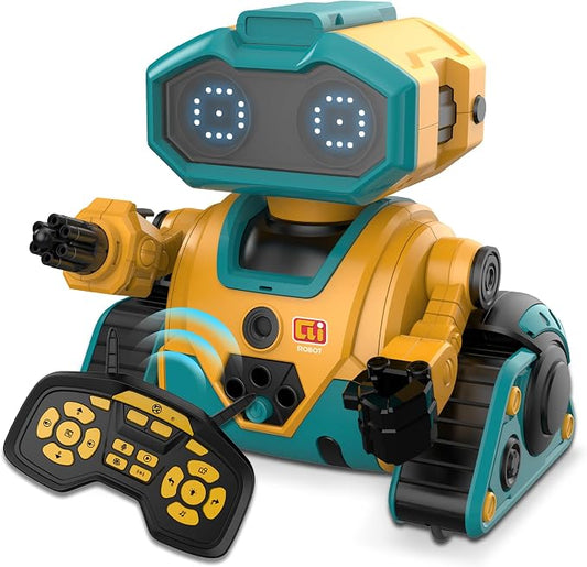 BYTEWAR Interactive Smart Robot Toys, Rechargeable Remote Control Emo Robot with Learning Gesture Sensing, Auto-Demonstration, Music and Dance, Shining LED Eyes, Birthday Gift for Kids (Yellow)