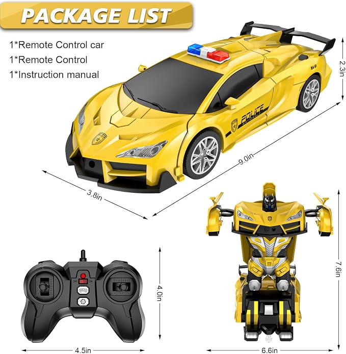 Remote Control Car with One Button Transformation, RC Cars Transforming into Robot Car, 2.4Ghz 360 Degree Rotation Police Car with Light, 1:18 Scale Transform Toys for Boys Girls Kids 4-7 8-12 6-8