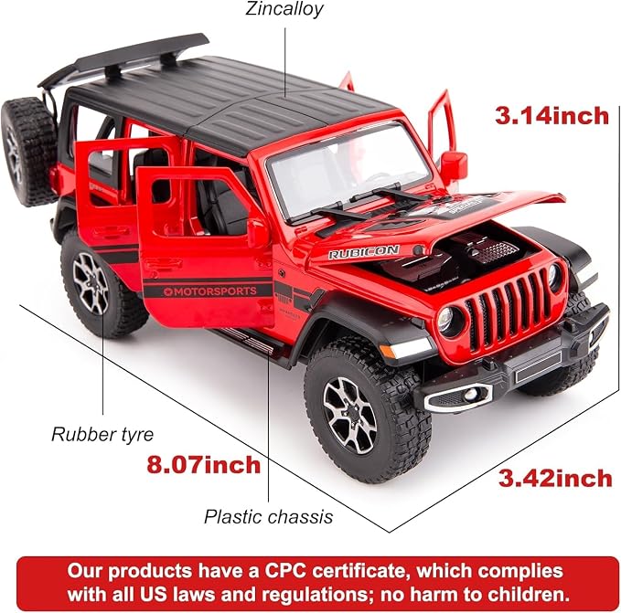 BDTCTK Off-Road 7 Door for Wrangler Diecast Toy Car Model, 1/22 Scale Metal Alloy Vehicle for Kids Boys Girls Adults, Doors Open, Light and Sound, Gifts Red