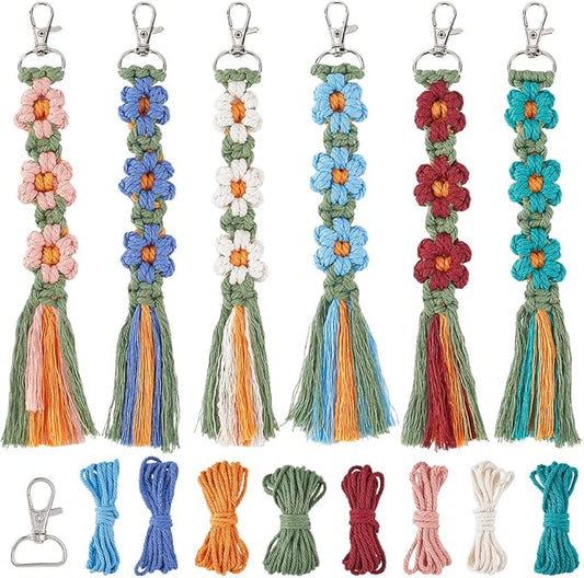 SUNNYCLUE 6 Sets Keychain Making Kits Macrame Keychain Kit Daisy Flower Keychain with Instruction Boho Tassel Keychains Flowers Macrame Kits for Beginners Adults Handbags DIY Hanging Ornament Decor