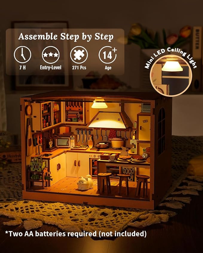 DIY Dollhouse Miniature House Kit 1:20 Scale Kictchen with LED Light, Tiny House Building Kit 3D Wooden Puzzle Crafts for Adults Home Decor Gift for Women Men