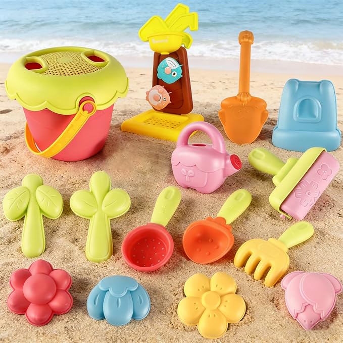 IOKUKI Sand Toys with Mesh Bag Including Sand Water Wheel, Beach Buckets, Shovels, Rakes, Molds, Outdoor Beach Toys Tool Kit for Kids, Toddlers, Boys and Girls (17 PCS) Age 3+