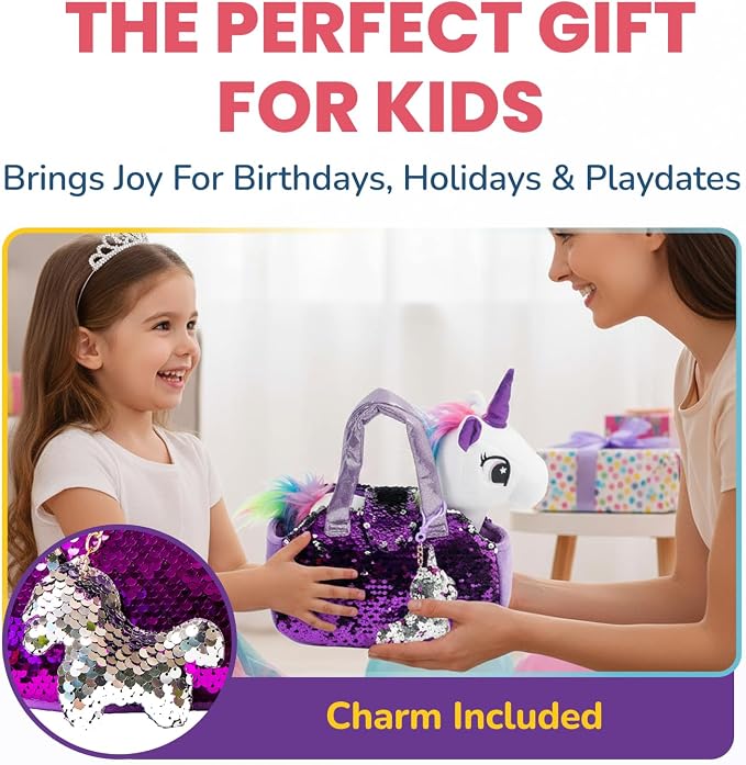 Little Jupiter Plush Pet Set w/Purse - Stuffed Animals for Girls - Unicorn Plush - Stuffed Plushies - Gift for Age 4-5 - 6-7 yrs (White Unicorn)