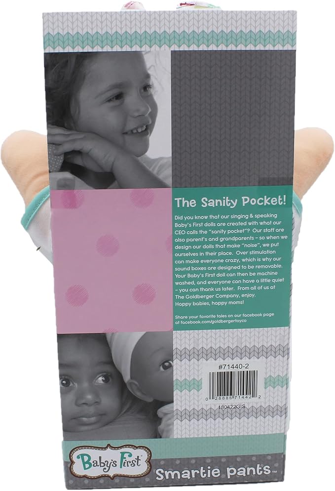 Goldberger Baby's First 12" Smartie Pants Doll with Raspberry White T-Shirt - Includes "Baby Talk" Sound Module with Surprise Raspberry Ending