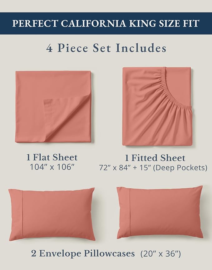 LANE LINEN California King Sheets 100% Organic Cotton 4pc Soft - Rose Dawn | Pure Long-Staple Organic Cotton Cal King Sheet Set - Soft From The First Wash, Crisp Cool Percale Weave, Great For Gifting