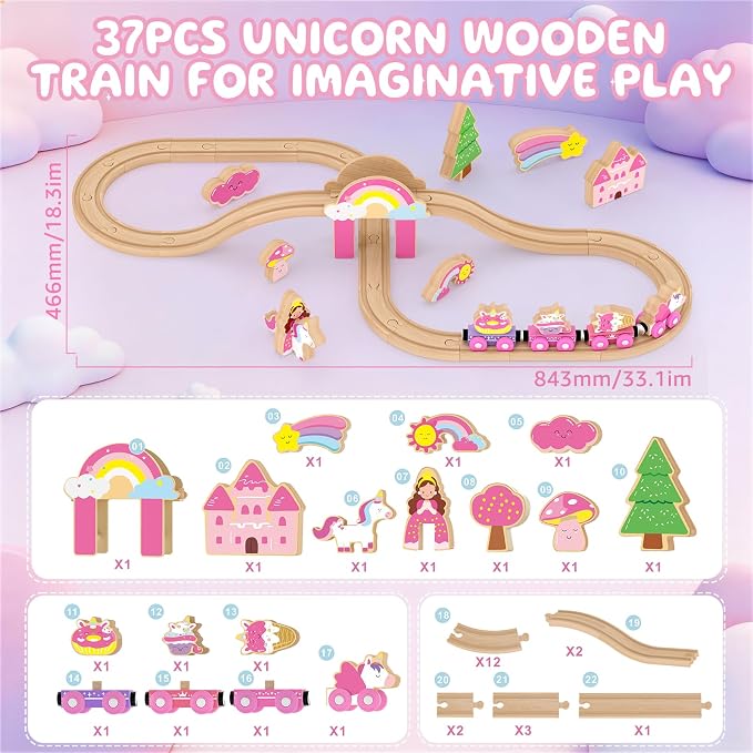 Wooden Train Set, Magnetic Pink Unicorn Toys Train Track for Toddler 3-6 | Princess Toddler Toys for 3 4 5 6 Year Old Girl Birthday Gifts