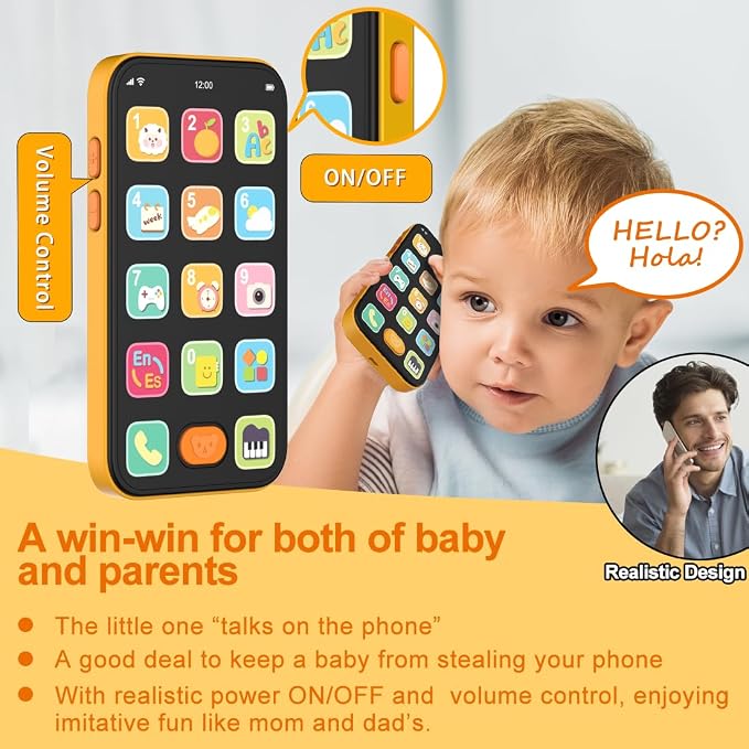 Bilingual Baby Phone Toy Phone for Toddler 1-3, Fun Early Learning Musical Baby Toys for 6-12 Months with Sounds and Light, English/Spanish, Gift for 1 Year Old Boys Girls Kids Infant, Orange