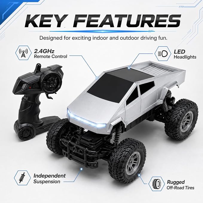 Remote Control Car, 1:18 RC Truck for Kids, 2.4GHz Remote Control Pickup Toy, All Terrain Off Road Vehicle with LED Lights, Silver Truck Gift for Boys Girls Ages 4-12