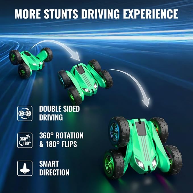 MaxTronic Fast Direct Charging Remote Control Car with LED，Exclusive Dual USB-C Charging for Car & Controller - 2.4Ghz 15km/h 360° Flips Rotations 4WD RC Stunt Car Fully Rechargeable for Kids 3-12