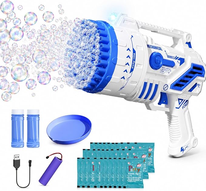 Bubble Gun for Kids, 69-Hole Bubble Blaster with LED Lights, Blue | 69-hole bubble machine gun for kids ages 4-8, with LED lights for summer, birthday, party and outdoor play.