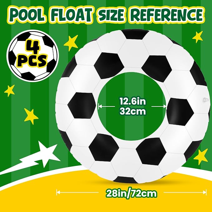 4 Pcs Soccer Ball Pattern Pool Floats - 28 Inch Sports-Themed Kids Swim Rings (Ages 10-15), Inflatable Pool Toys for Hawaiian, Beach, Water Park