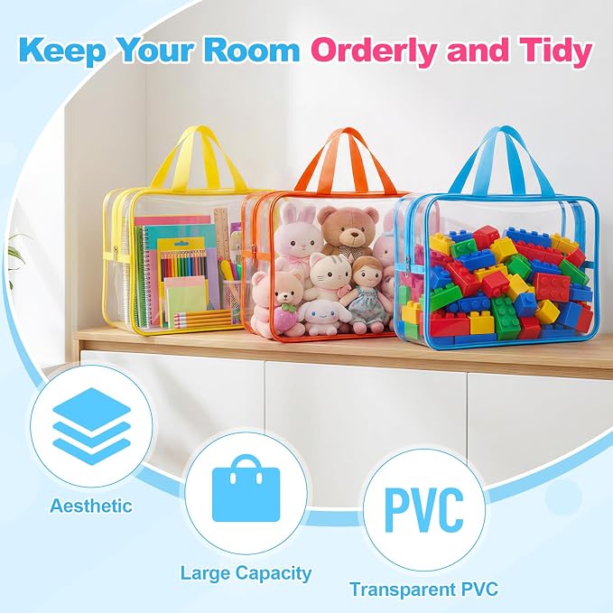 Toy Storage Bags, Large capacity Toy Organizers and Storage, Plastic Waterproof Zip Pouches with Labels for Lego, Puzzle, Building Blocks, Board Game, Magnatiles Organizer, Clear Toiletry Bag (4)